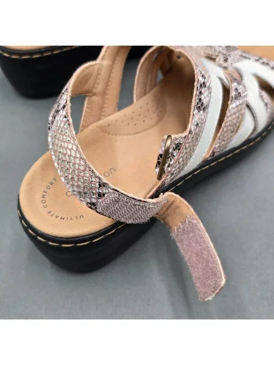 Clarks Merliah Lilac Snakeskin Wedge Sandals Size 7.5 White Leather - Picture 9 of 11